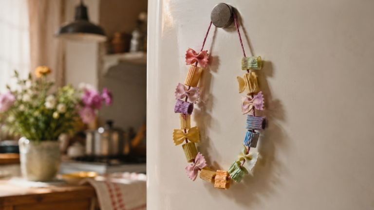 Collier de pâtes peintes accroché sur un réfrigérateur