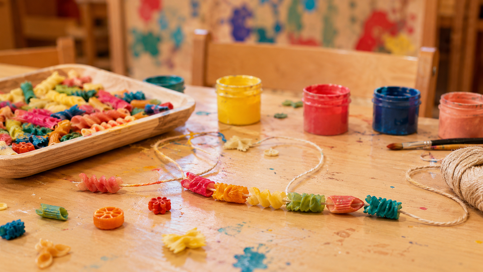 Pâtes peintes et fil de coton sur une table d’école