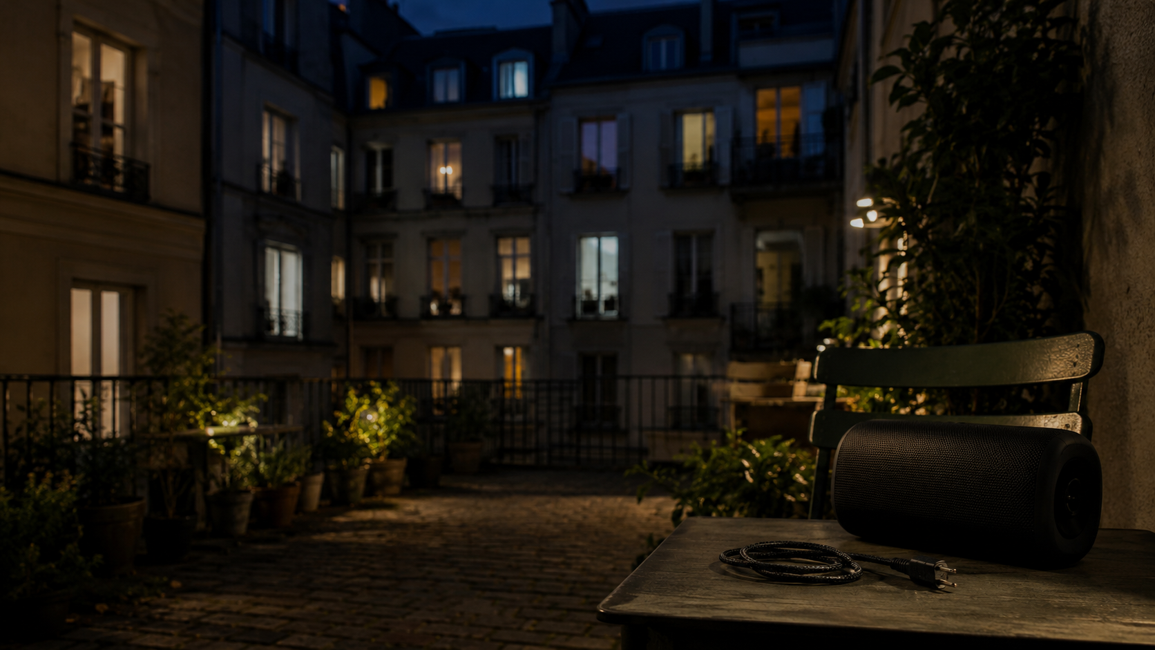 Enceinte éteinte dans une cour d’immeuble la nuit