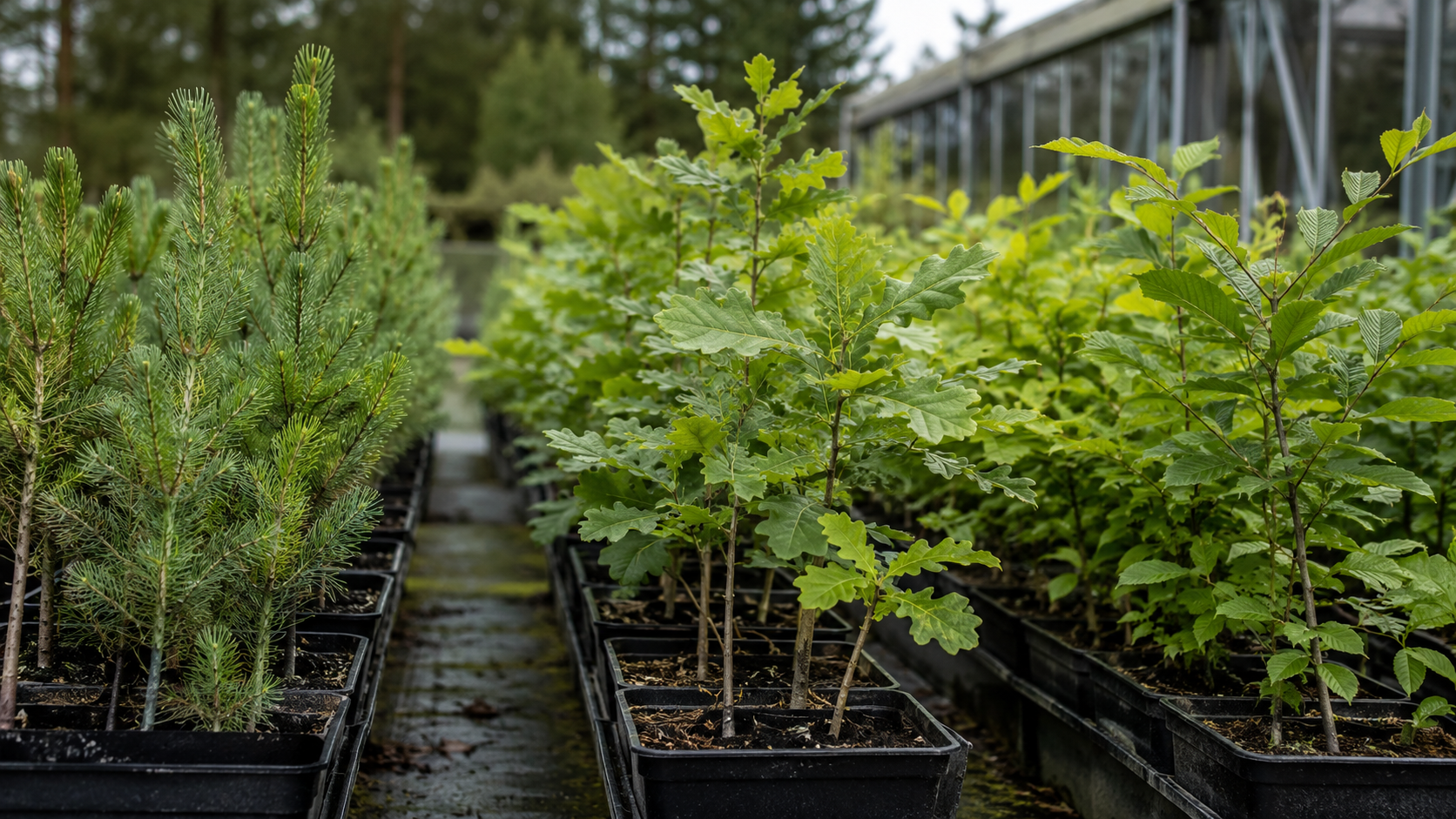 Jeunes plants forestiers variés dans une pépinière sans étiquette lisible