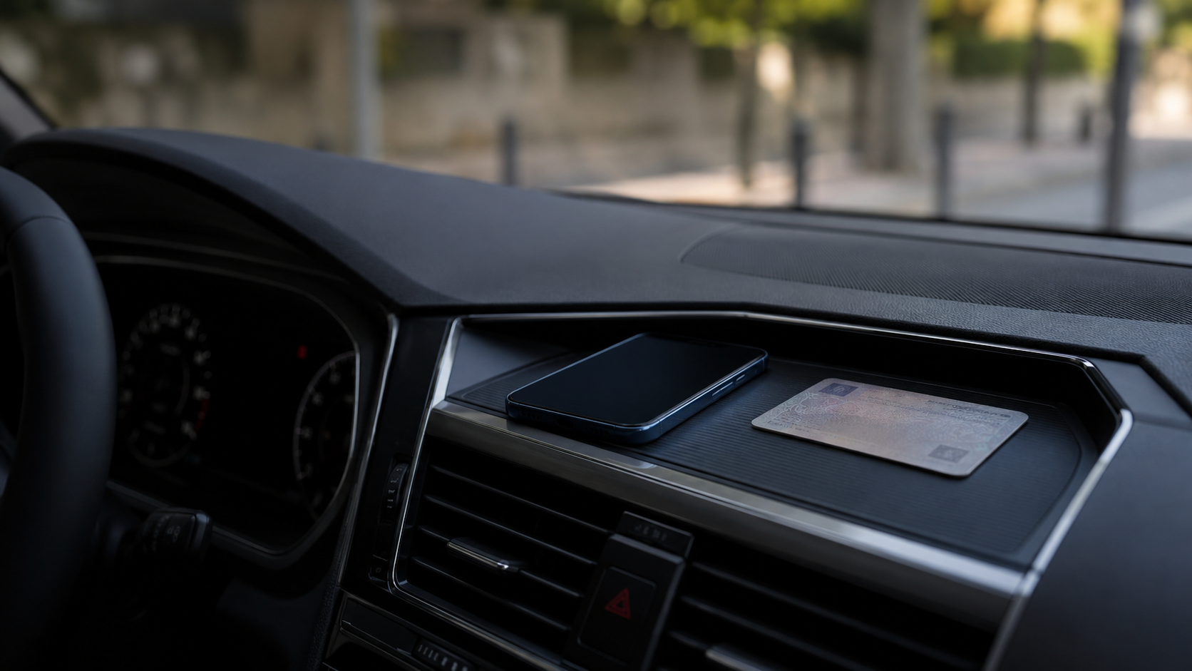 Un permis physique flou reste à côté d’un smartphone dans une voiture.