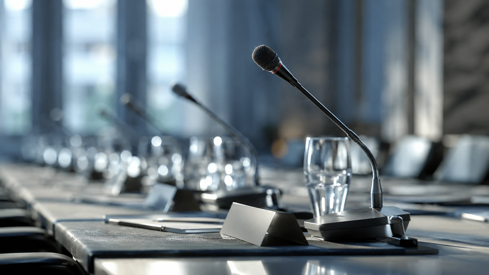 Micro de conférence et places prêtes autour d'une table neutre