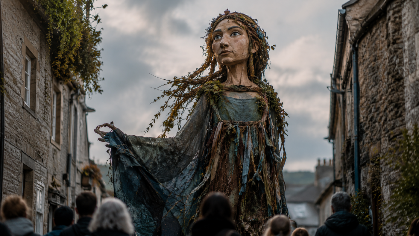 Un géant de papier mâché attend sa procession écologique.