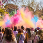 Un nuage de pigments colorés flotte au-dessus d’une fête en plein air dans un grand parc parisien, sans visage identifiable.
