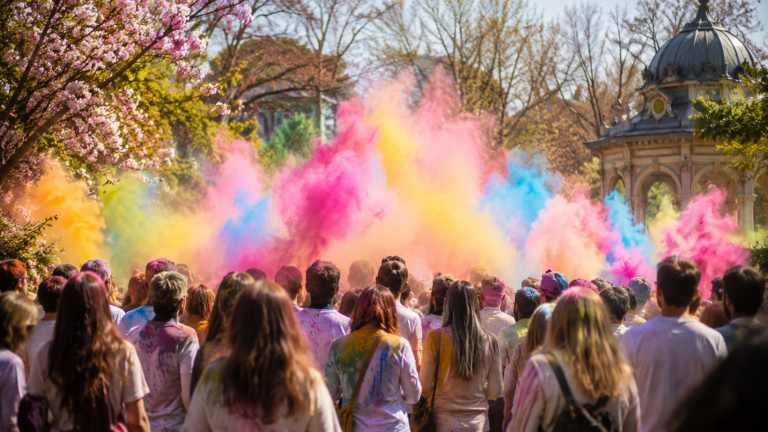 Un nuage de pigments colorés flotte au-dessus d’une fête en plein air dans un grand parc parisien, sans visage identifiable.