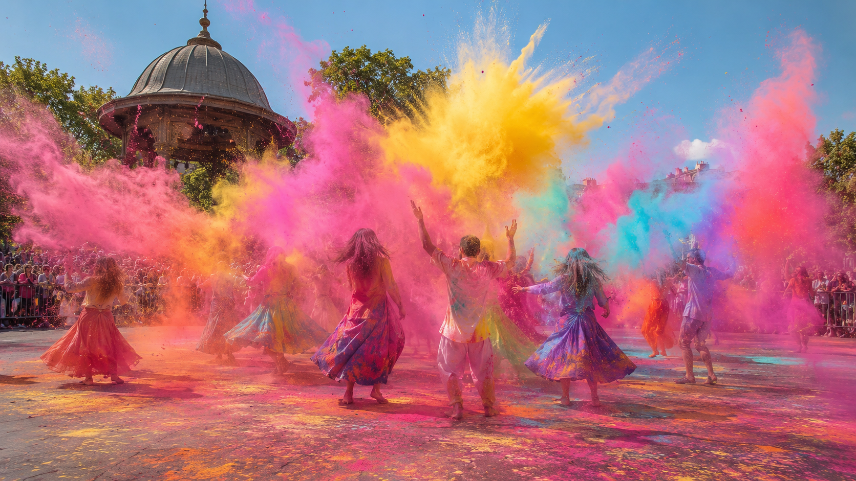 Des pigments colorés s’élèvent près d’une scène extérieure dans un parc verdoyant, avec silhouettes floutées au loin.