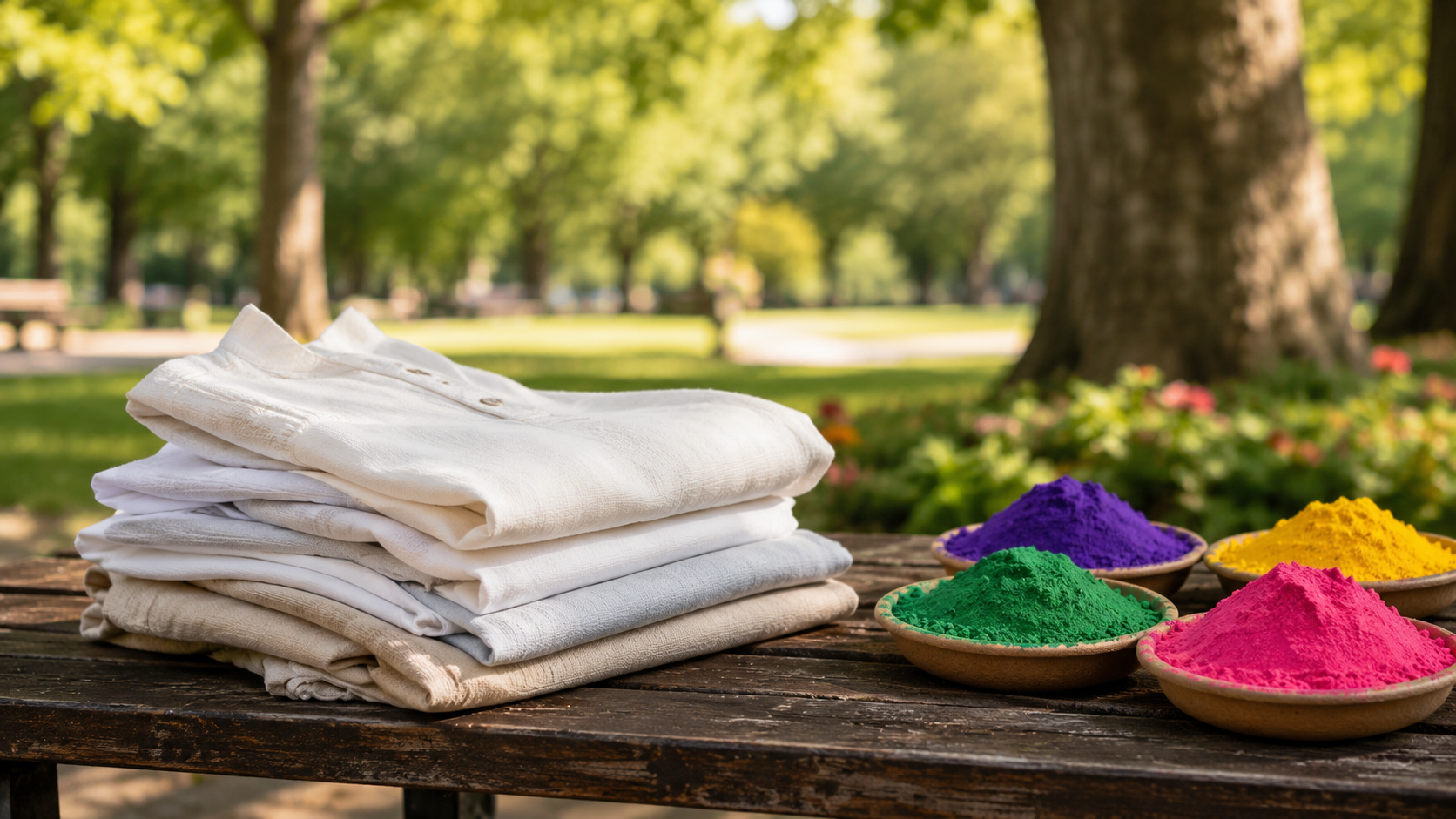 Des vêtements clairs pliés sur un banc de parc avec de petits bols de pigments colorés à côté.