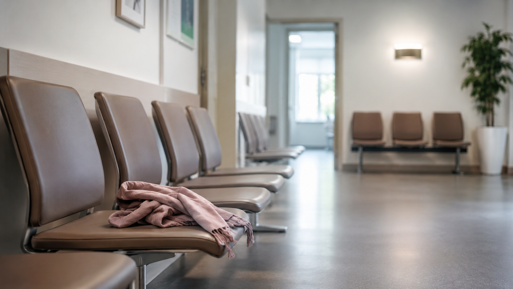 Une salle d’attente hospitalière vide montre la longueur du diagnostic rare.