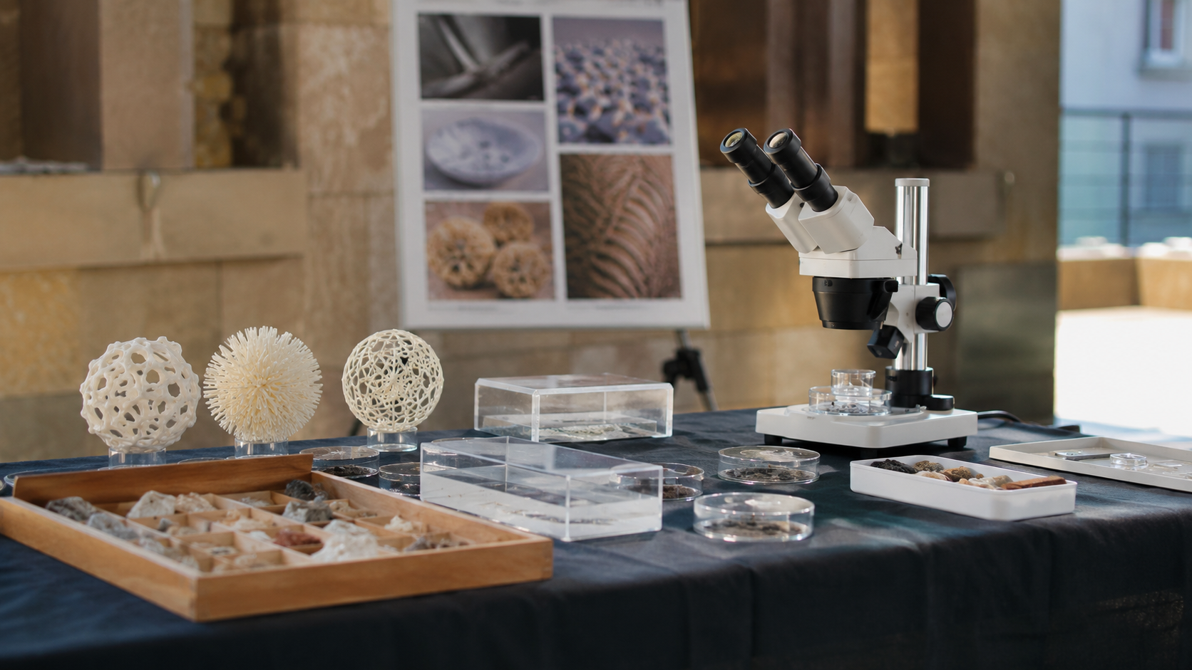 Une table d&rsquo;atelier scientifique avec microscope et supports neutres dans un lieu public.