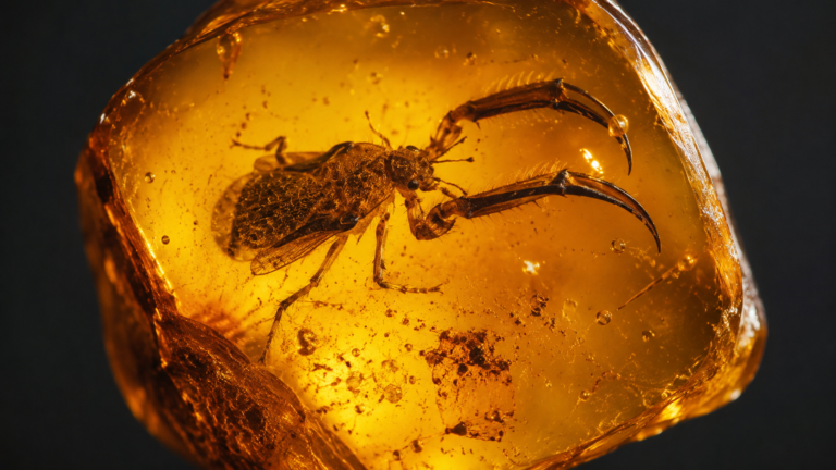 Ambre du Crétacé avec insecte à pinces visible