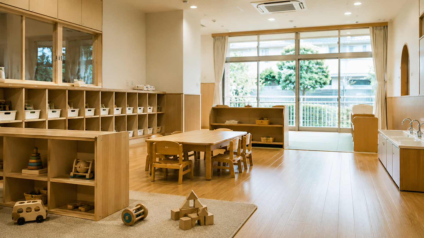 Salle de crèche japonaise vide avec casiers sans noms