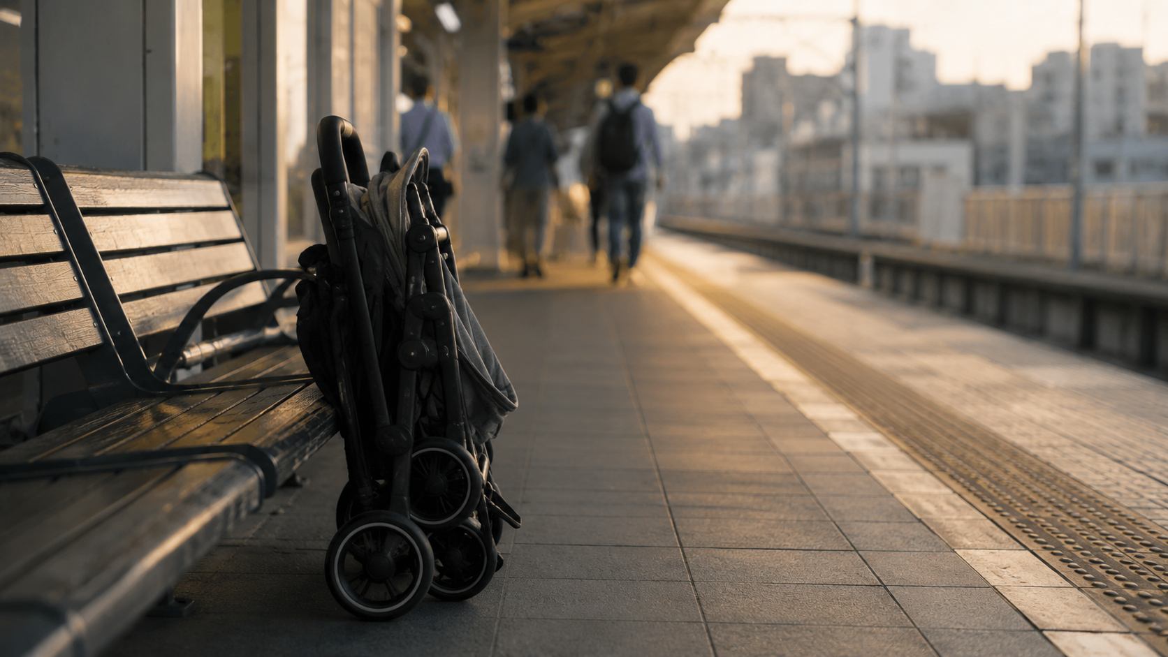 Poussette pliée sur un quai de gare japonais