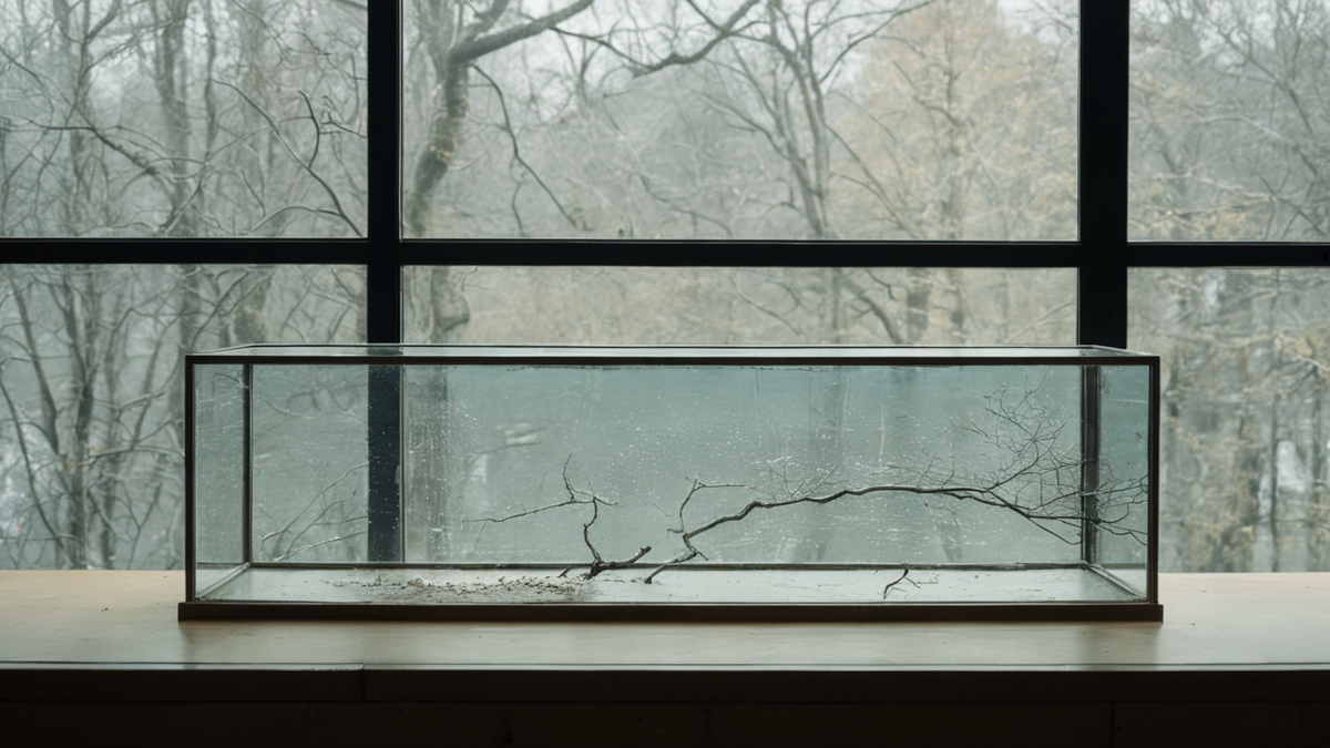 Vitrine de musée remplie d’objets hétéroclites avec un petit nid de brindilles.