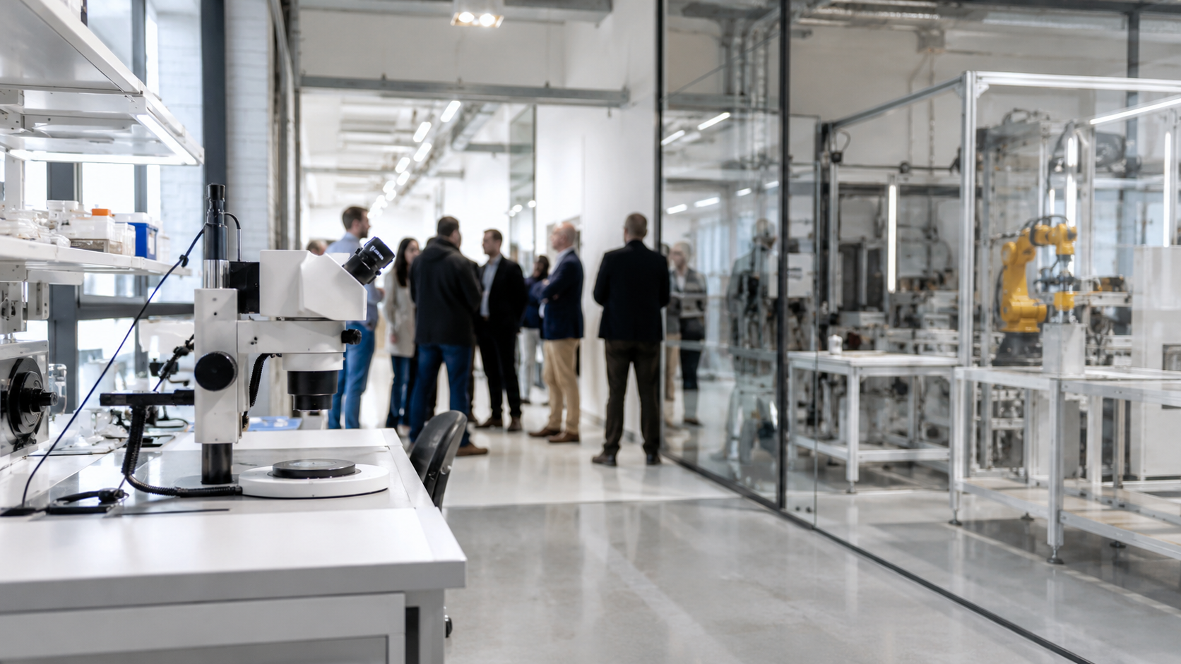 Un laboratoire lumineux et une zone de production neutre, avec un petit groupe flouté en arrière-plan.