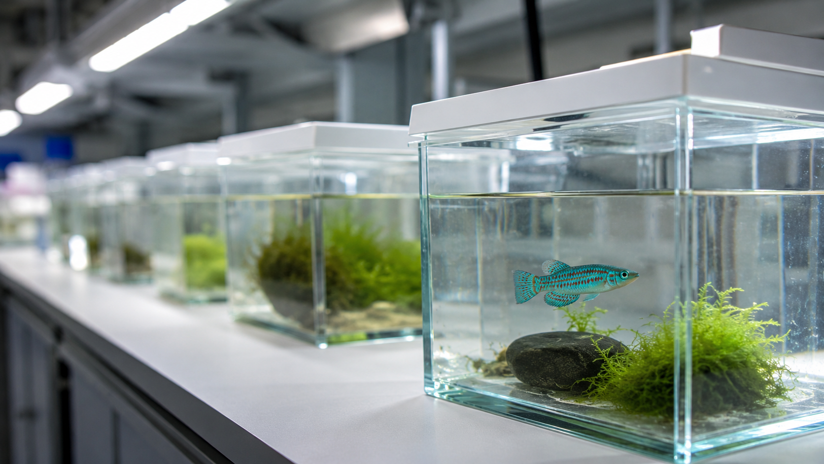 Des bacs de laboratoire avec un petit poisson observé en premier plan.