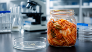 Un bocal de kimchi observé comme un échantillon