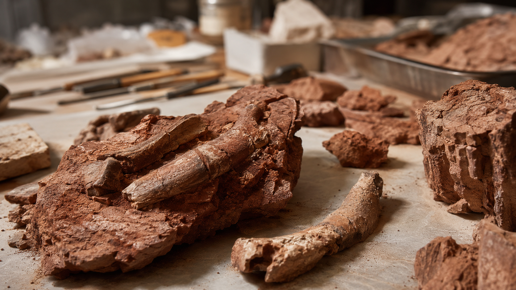 Des fragments de fossiles préparés sur une table de paléontologie.