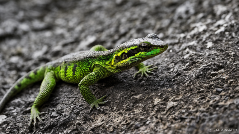 Lézard vert et noir posé sur un muret de pierre clair.