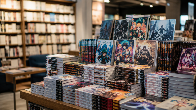 Piles de mangas en librairie devant des romans flous