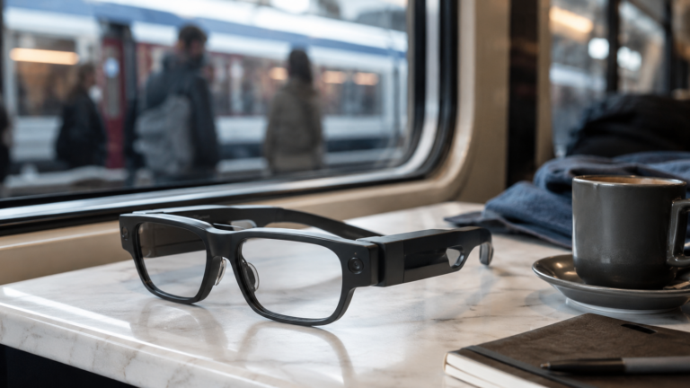 Lunettes connectées posées sur une table de café