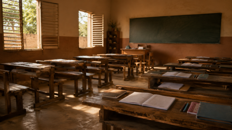 Salle de classe malienne rouverte avec bancs et cahiers
