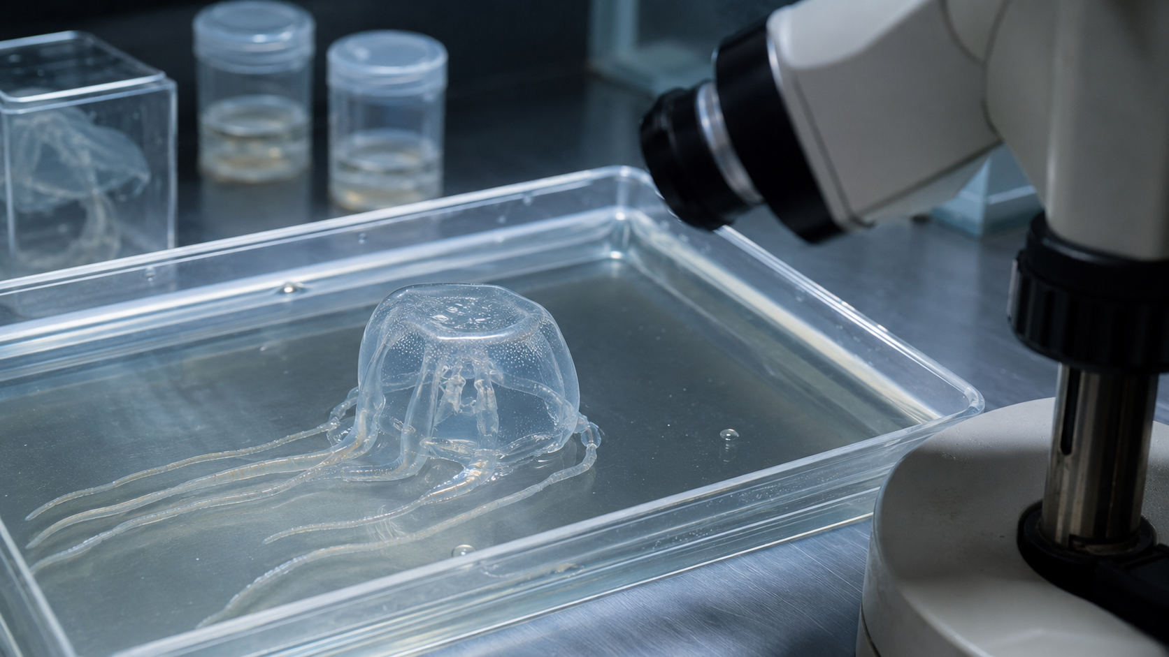 Un spécimen de méduse-boîte est comparé en laboratoire marin