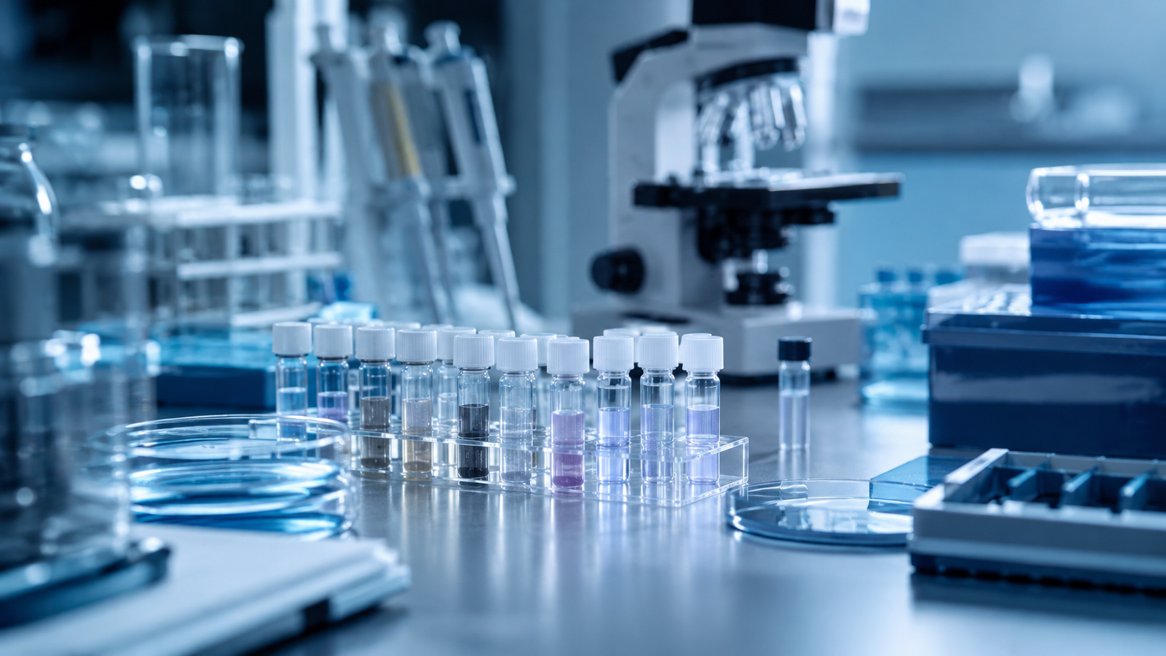 Des tubes anonymes sur une paillasse de laboratoire
