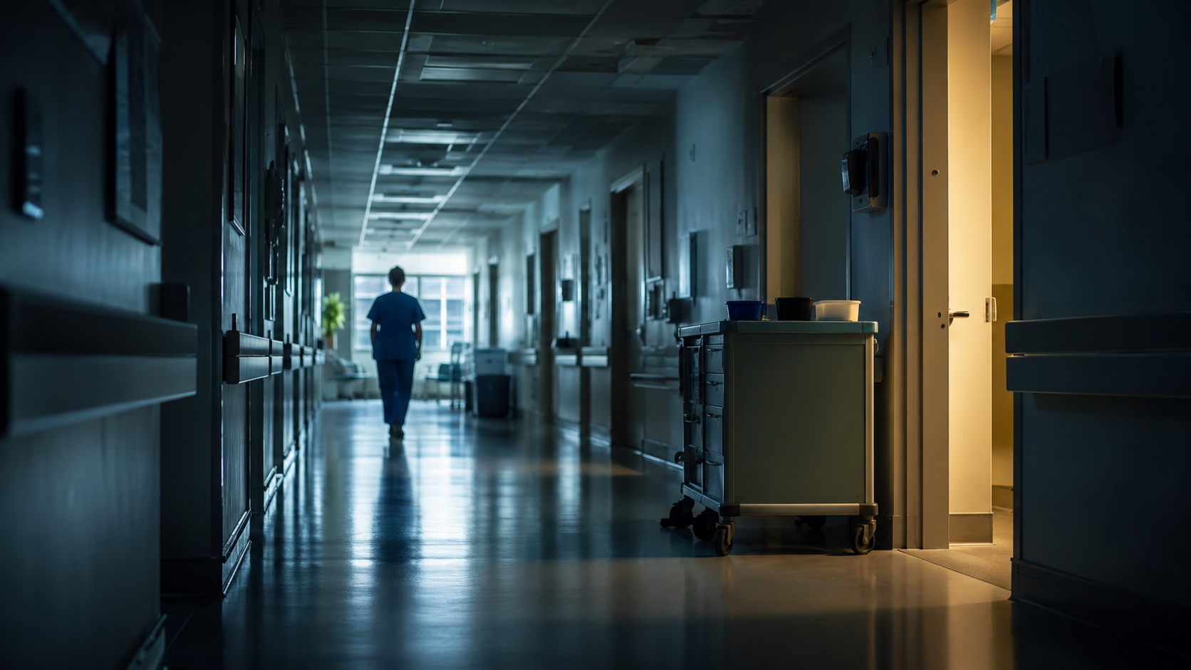 Un couloir de service calme après une nuit de travail