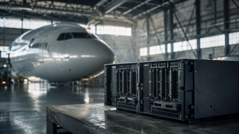 Serveur compact dans un hangar aéronautique sans logo avec silhouette d'avion floue