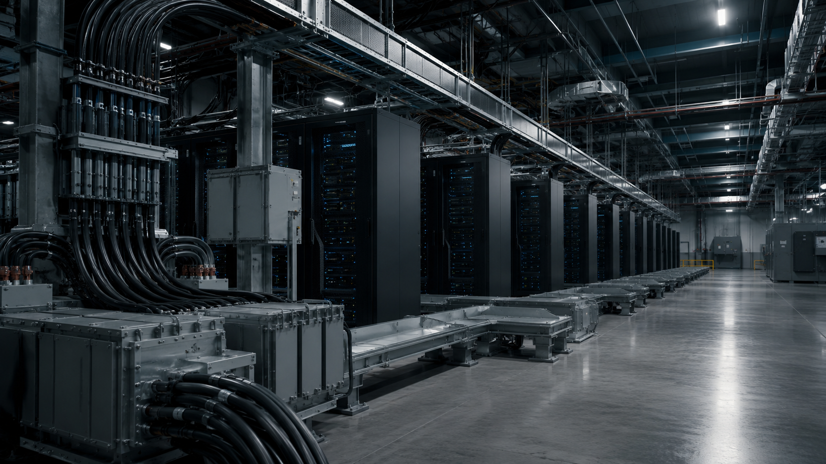 Infrastructure électrique et baies serveur dans un data center sans marquage lisible