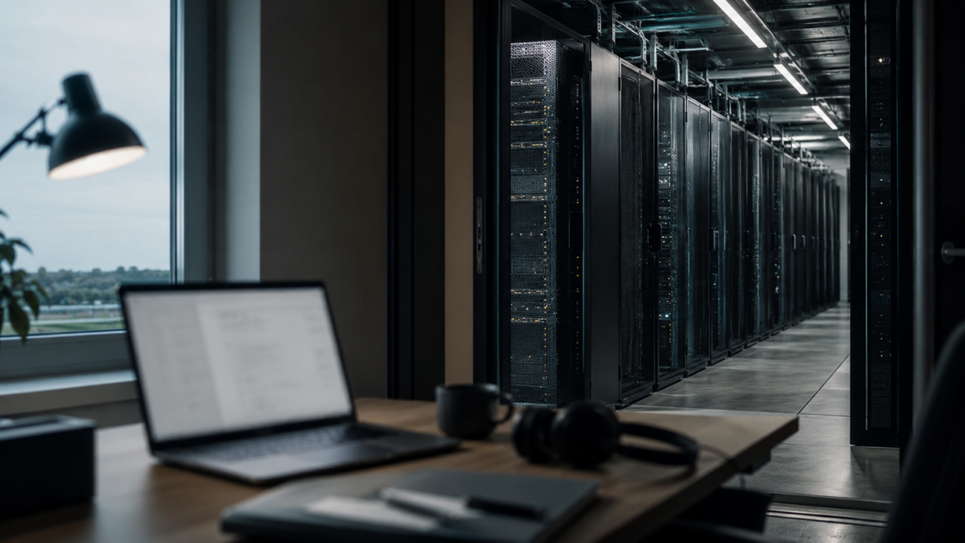 Poste de travail sobre relié visuellement à un couloir de serveurs sans interface lisible