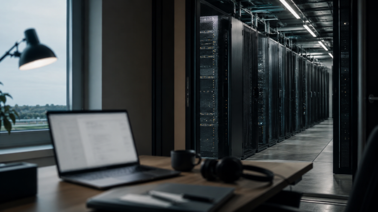 Poste de travail sobre relié visuellement à un couloir de serveurs sans interface lisible