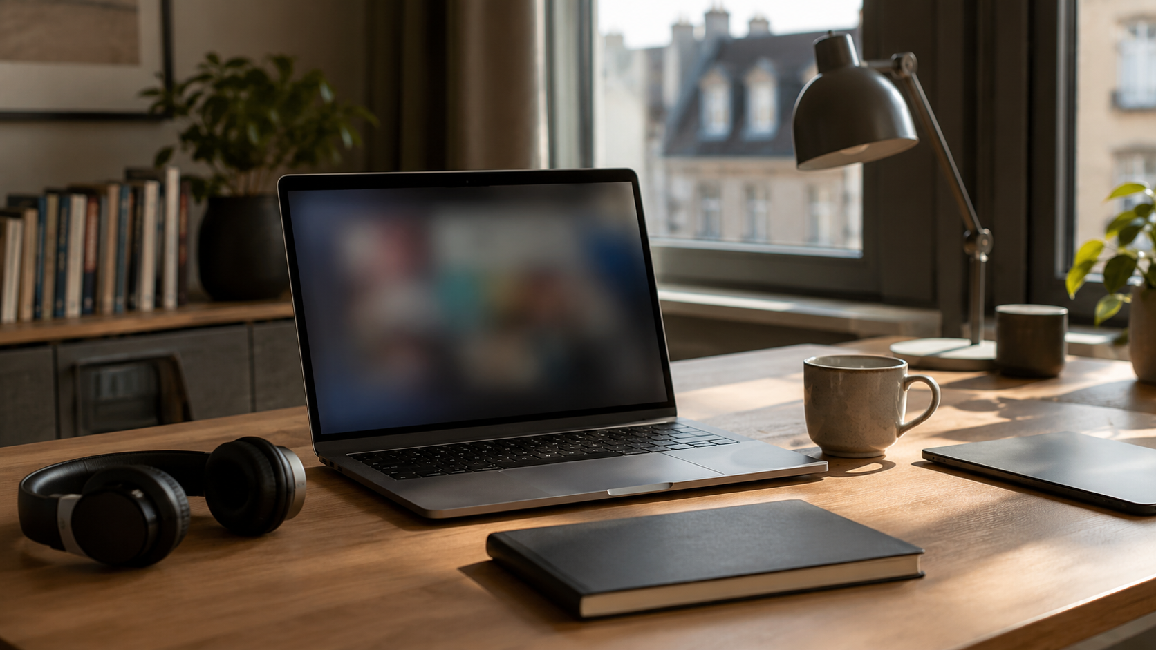 Bureau de travail calme avec ordinateur flou et objets neutres sans texte