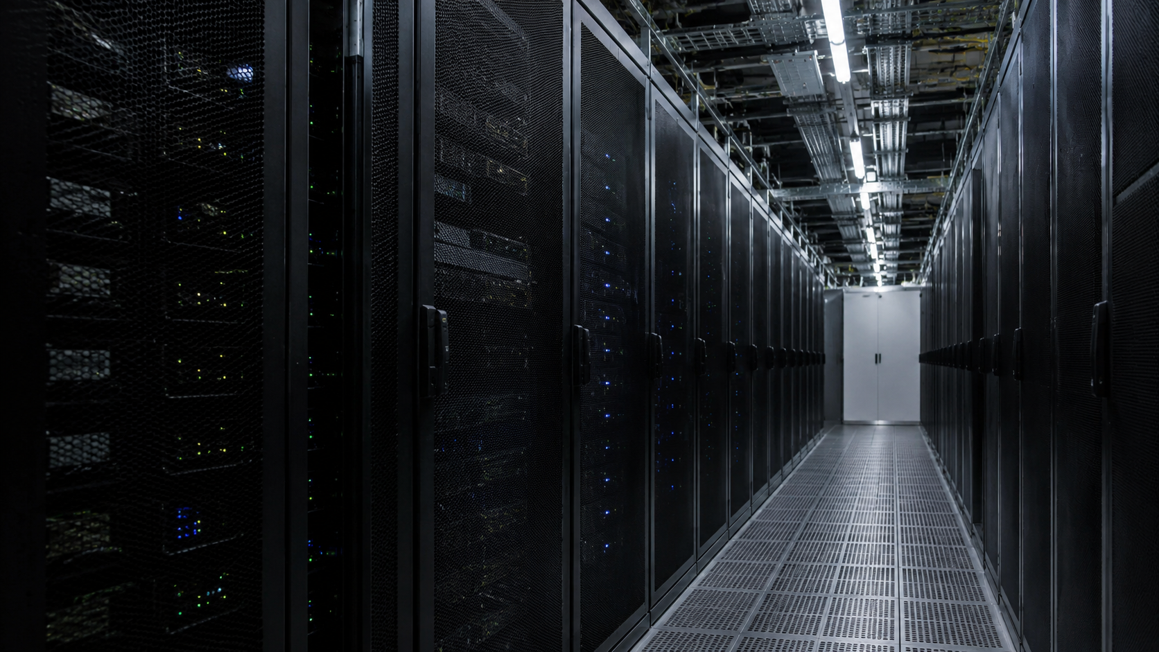 Couloir de serveurs sobre sans marque ni interface lisible