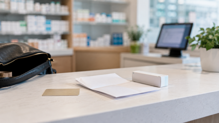 Une ordonnance pliée et une carte Vitale attendent sur un comptoir de pharmacie sans texte visible.