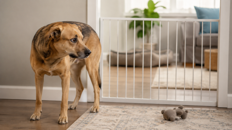 Chien calme séparé par une barrière basse dans un salon