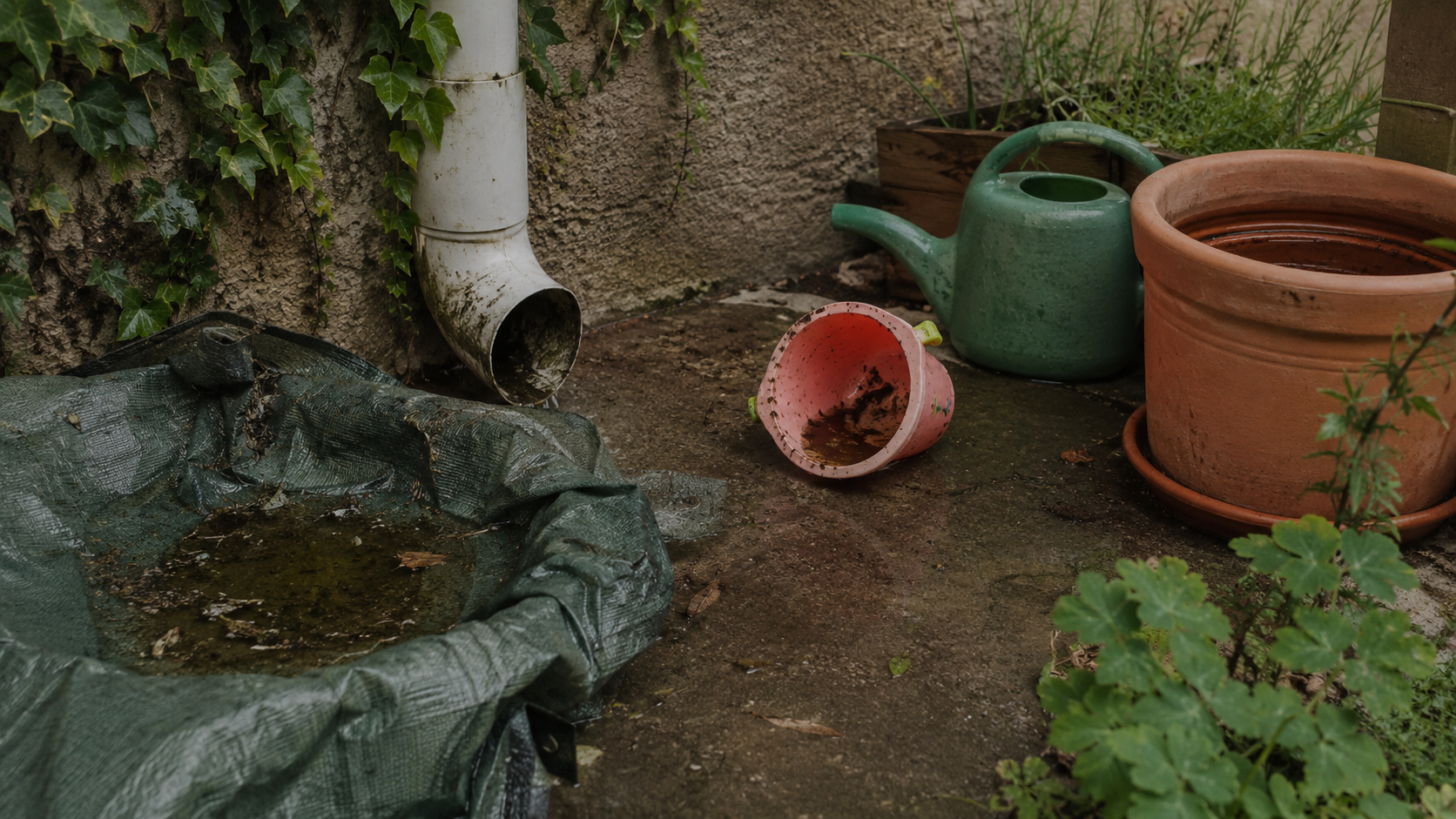 Objets de jardin pouvant retenir l’eau stagnante après un épisode chaud et orageux.