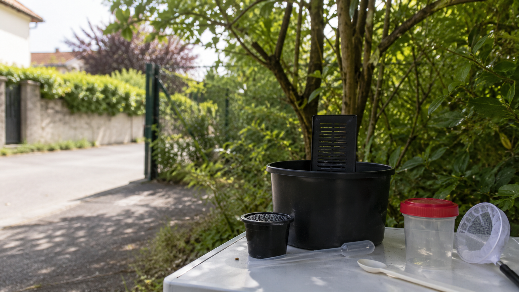 Matériel de surveillance entomologique posé sur une table extérieure sans texte visible.