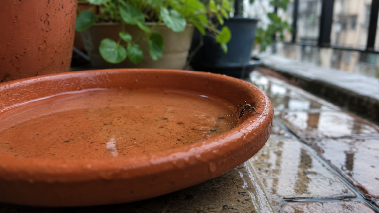 Soucoupe humide sur balcon après la pluie