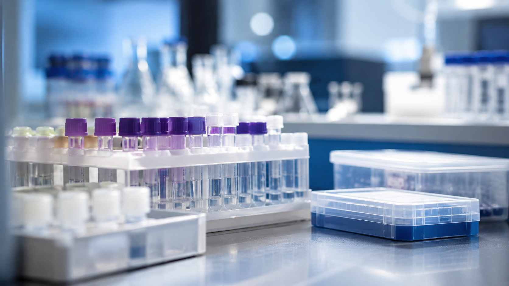 Paillasse de laboratoire avec tubes anonymes sans étiquette lisible.