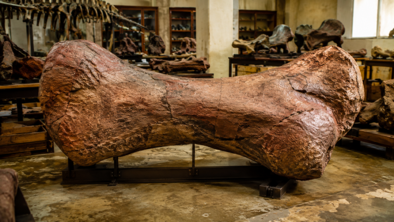 Un os géant de sauropode posé dans un atelier de musée