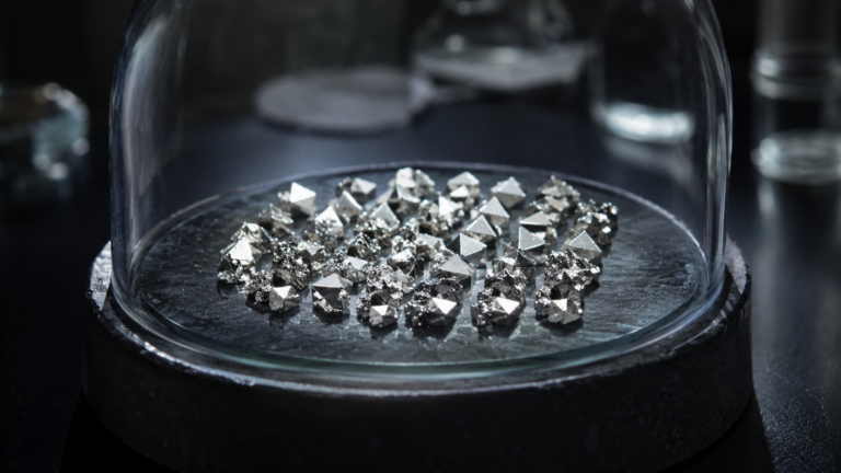 Un réseau de petites billes argentées facettées sous une cloche de verre en laboratoire.