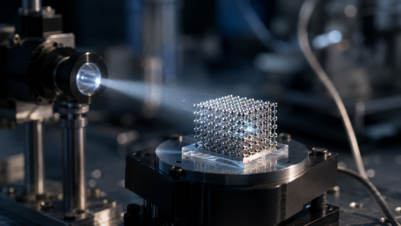 Un faisceau lumineux traverse un petit réseau argenté dans une chambre optique de laboratoire.