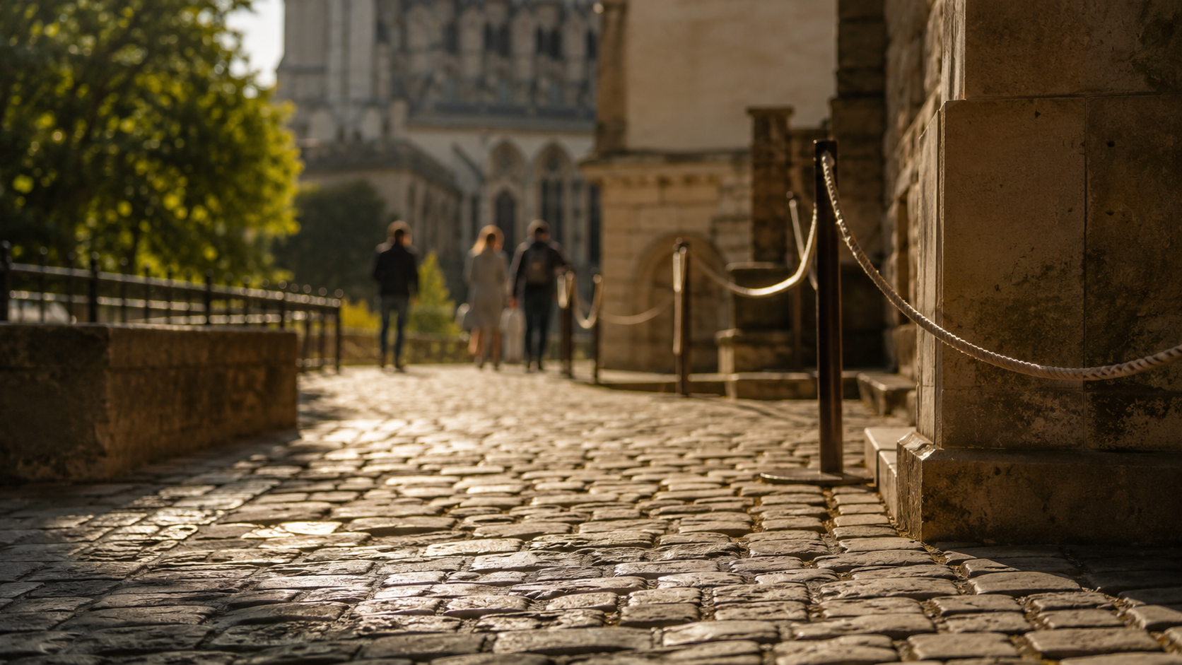Parvis en pierre et entrée discrète d'un site patrimonial, sans texte visible.