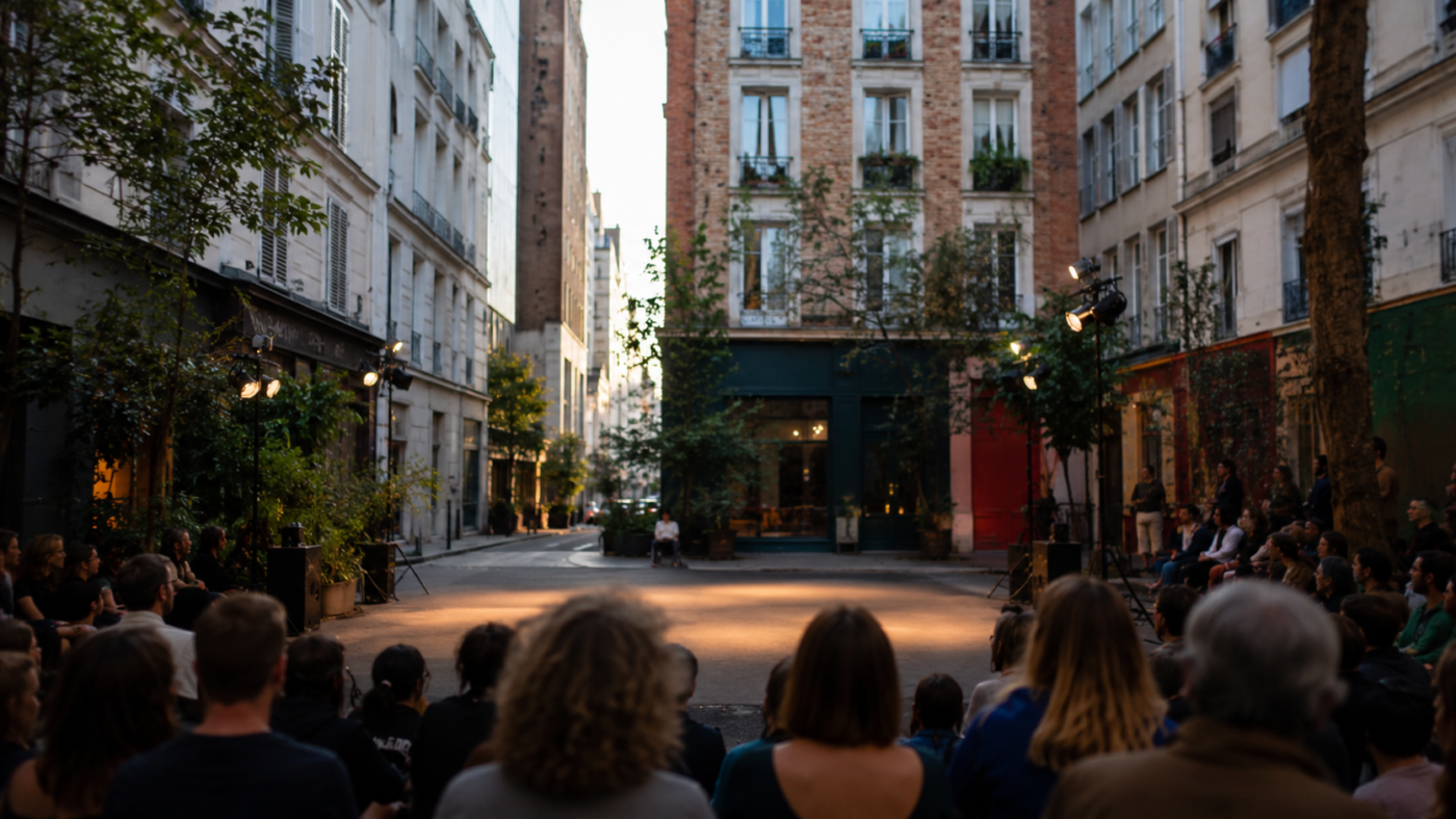 Une rue parisienne transformée en scène de spectacle de rue, sans visage identifiable.
