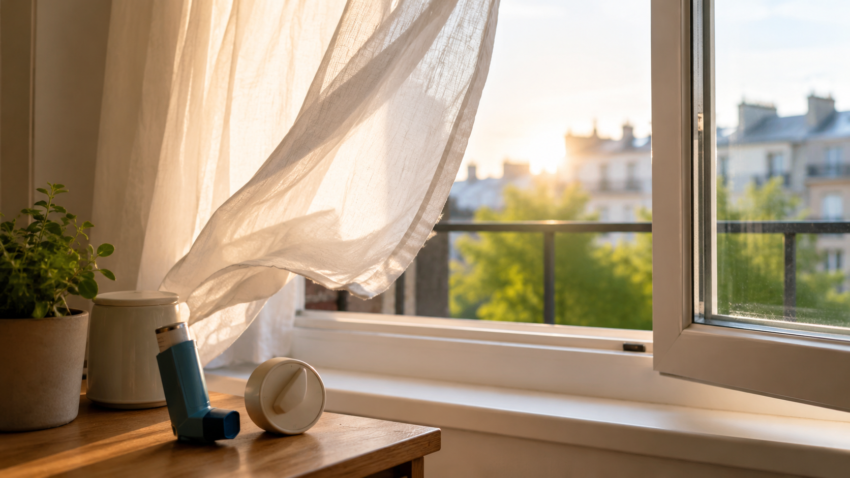 Fenêtre entrouverte tôt le matin pendant un épisode d’ozone