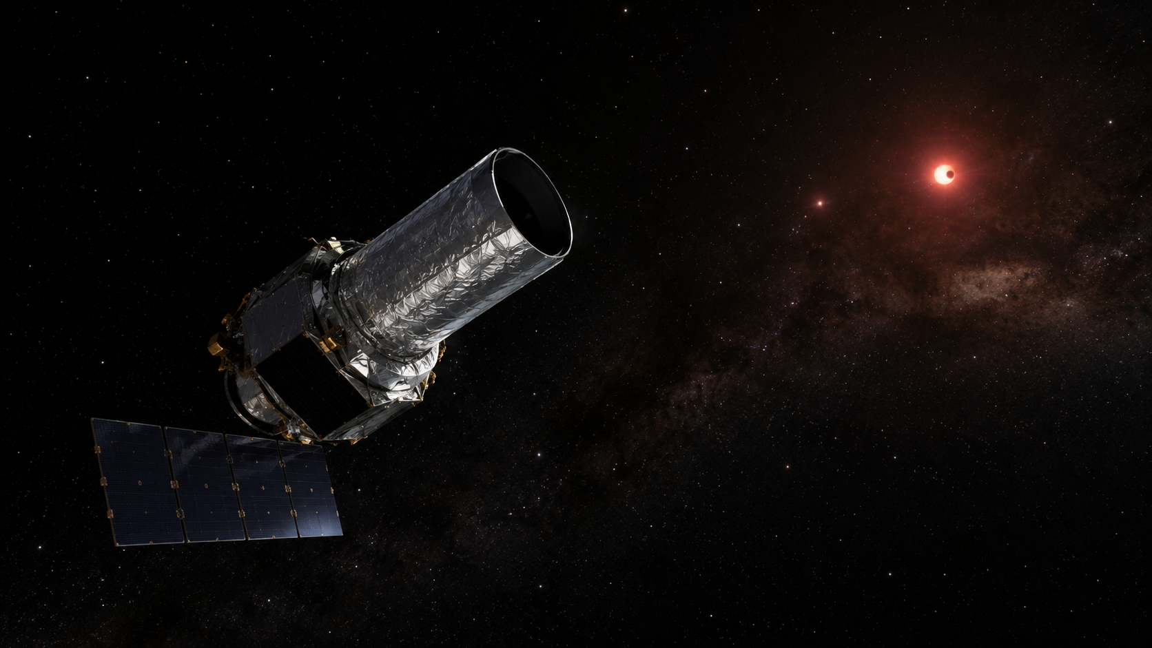 Satellite d’observation pointé vers une étoile rouge