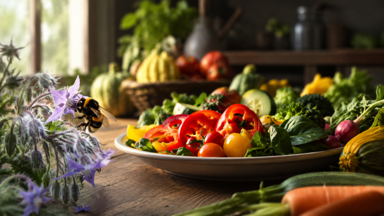 Une assiette de légumes près d'une fleur visitée par un bourdon, pour illustrer le lien entre pollinisateurs et nutrition.