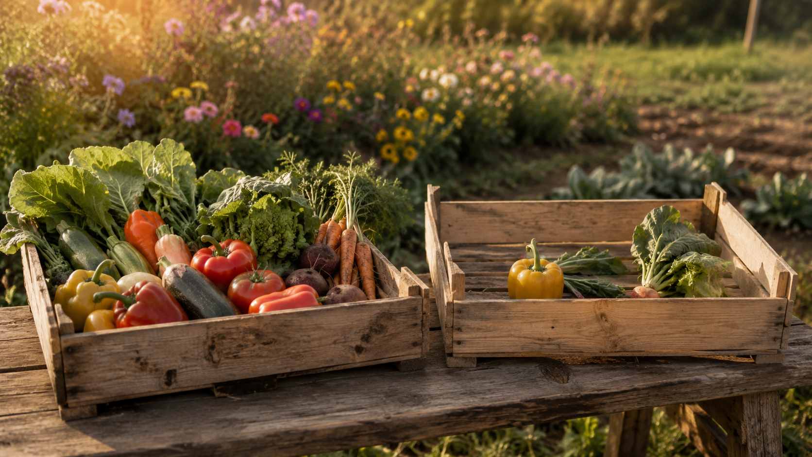 Deux cagettes de légumes montrant un contraste de récolte près d'une bande fleurie.