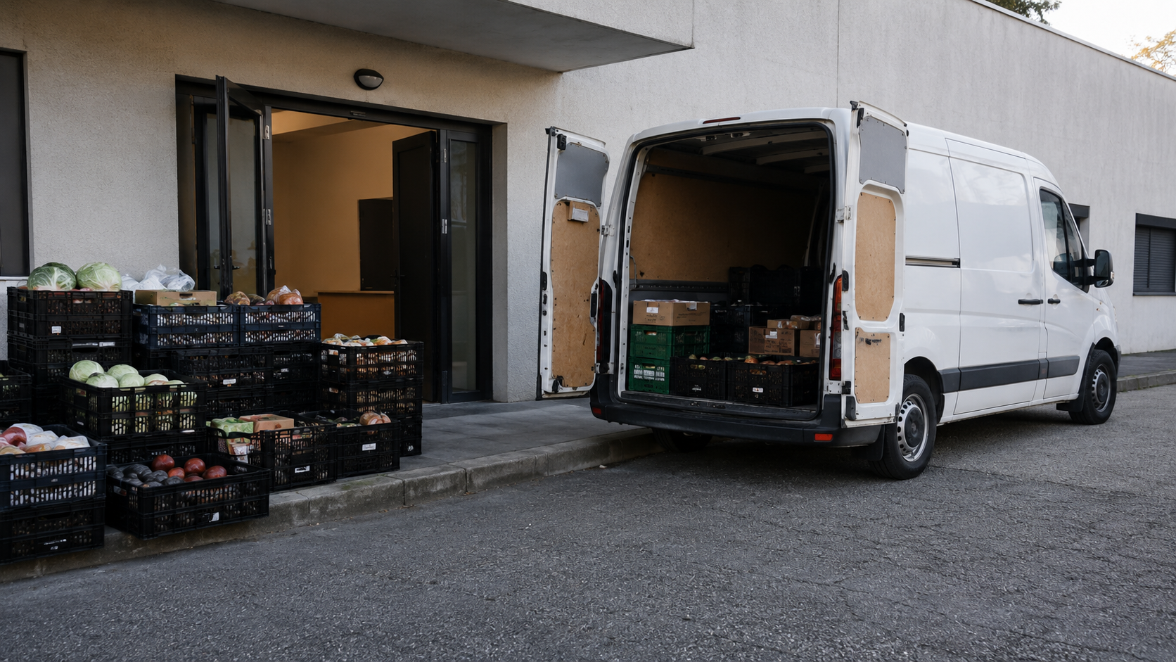 Une camionnette neutre attend son chargement pour une distribution